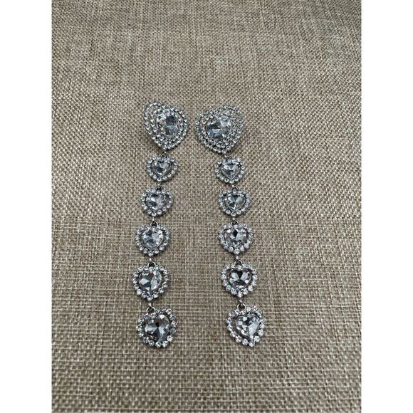 Boho Long Heart Full Diamond Dangle Earrings Sparkling Statement Rhinestone Drop - Picture 5 of 9